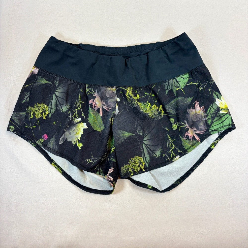 Oiselle Roga Running Shorts Women 4 Black Floral Botanical Athletic Gym Hiking